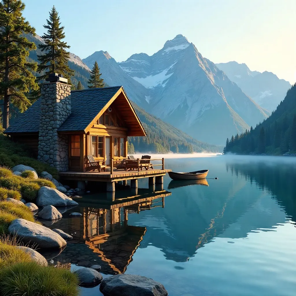 Serene Mountain Lodge Reflected in Pine Lake