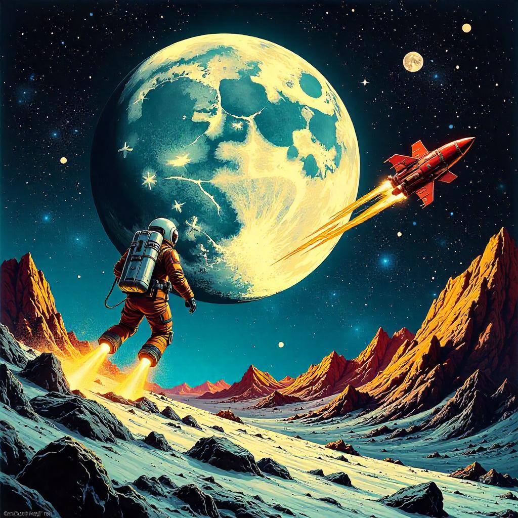 Moonlit Cosmic Battle in a Dynamic Comic Space Scene