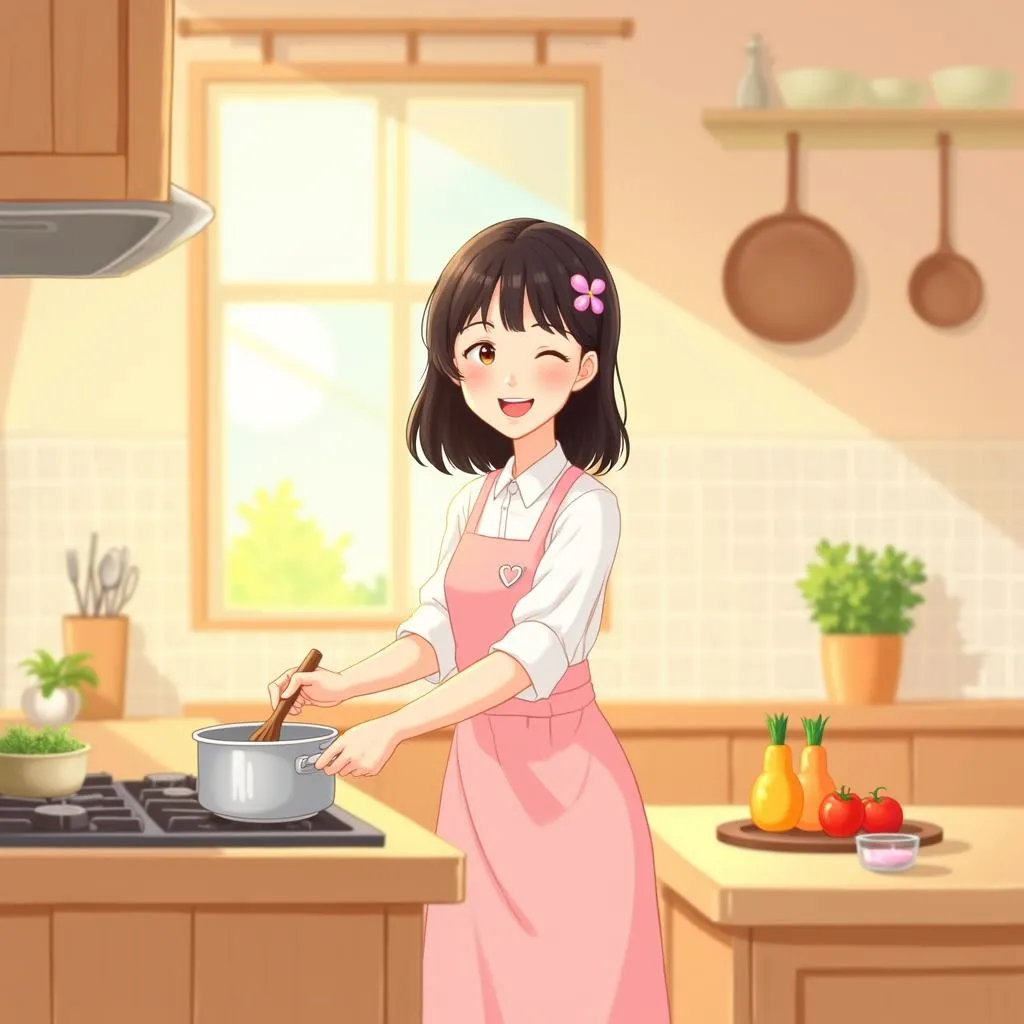 Cheerful Anime Girl Cooking in a Cozy Kitchen