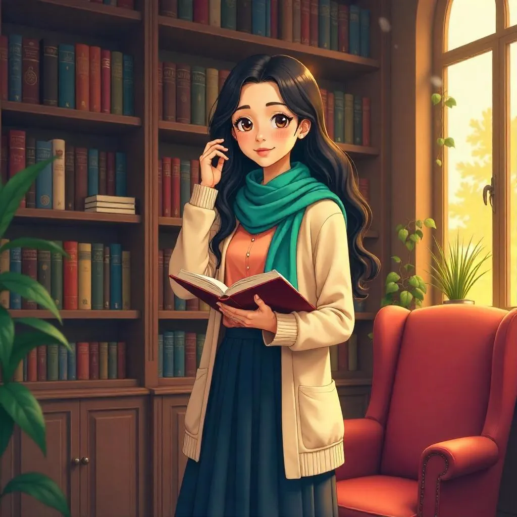 Anime-Style Middle Eastern Girl in a Cozy Bookstore