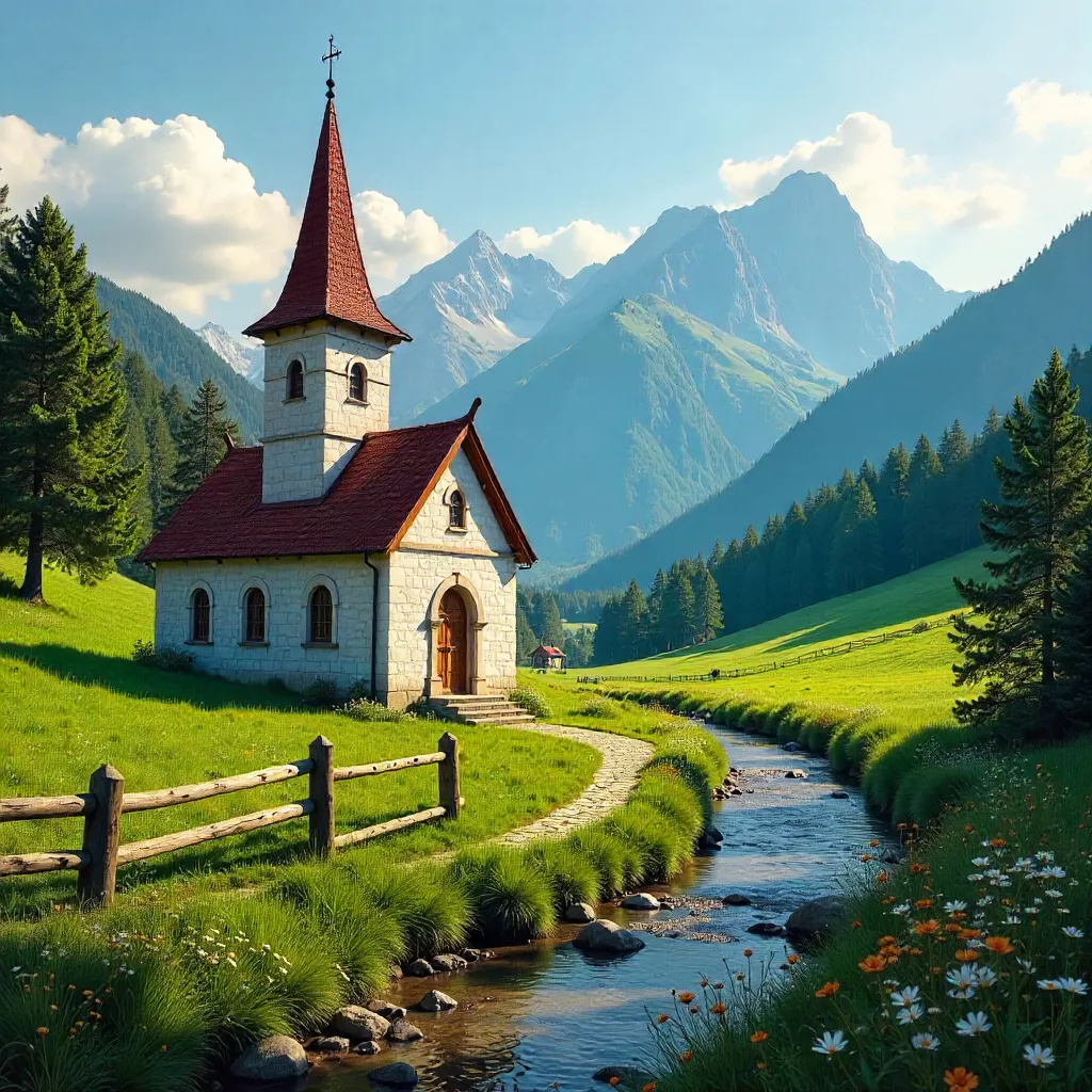 Sunlit Slovak Church in Green Mountain Valley