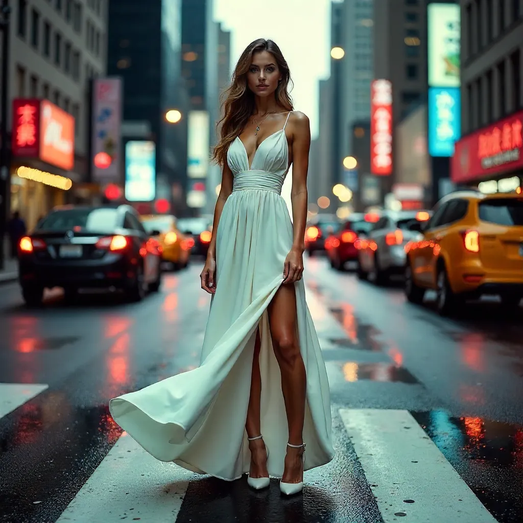 White Dress Model Amid Bustling City Traffic