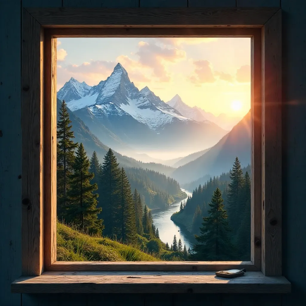 Tranquil Mountain Vista Through Rustic Window