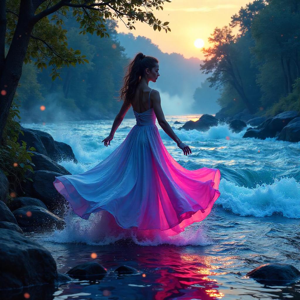 Dancer by the Rushing River in Digital Art Style