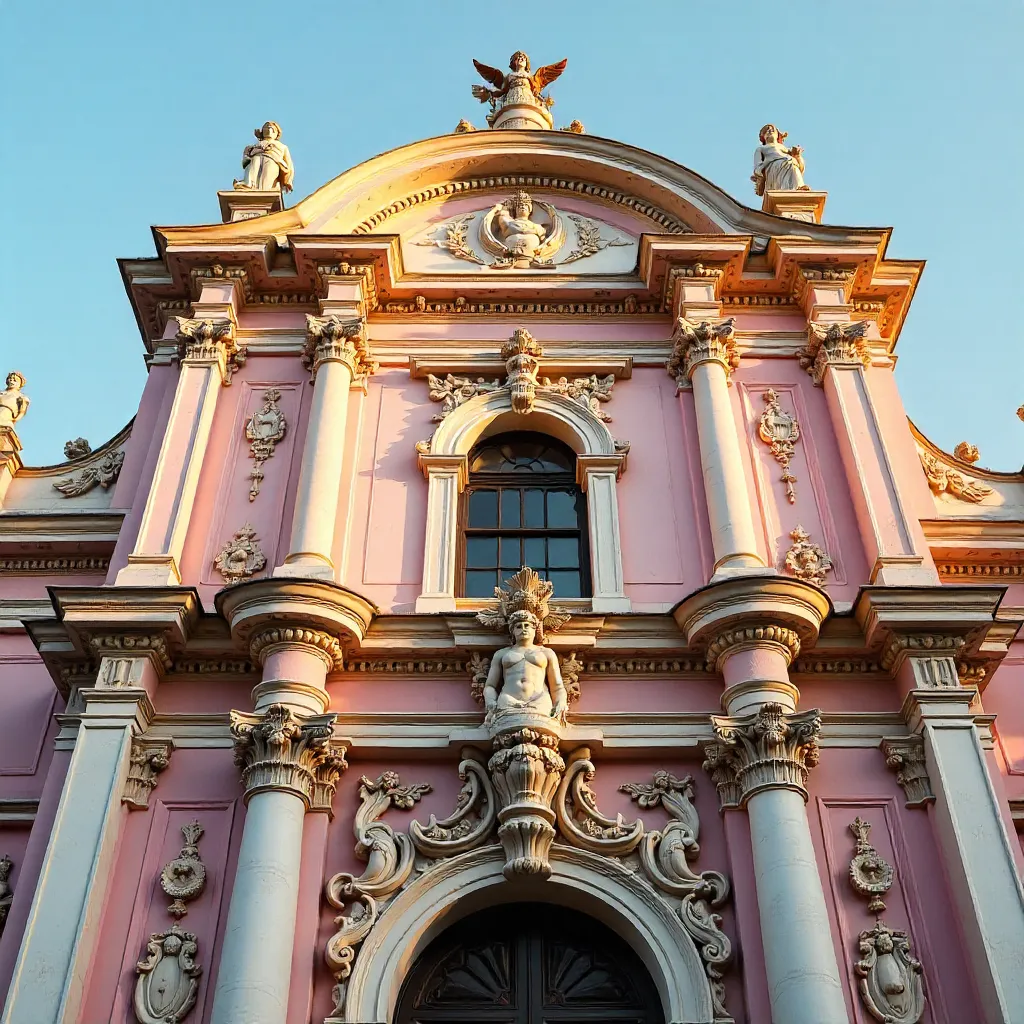 Close-up of a Pink Baroque Church Facade with Statues