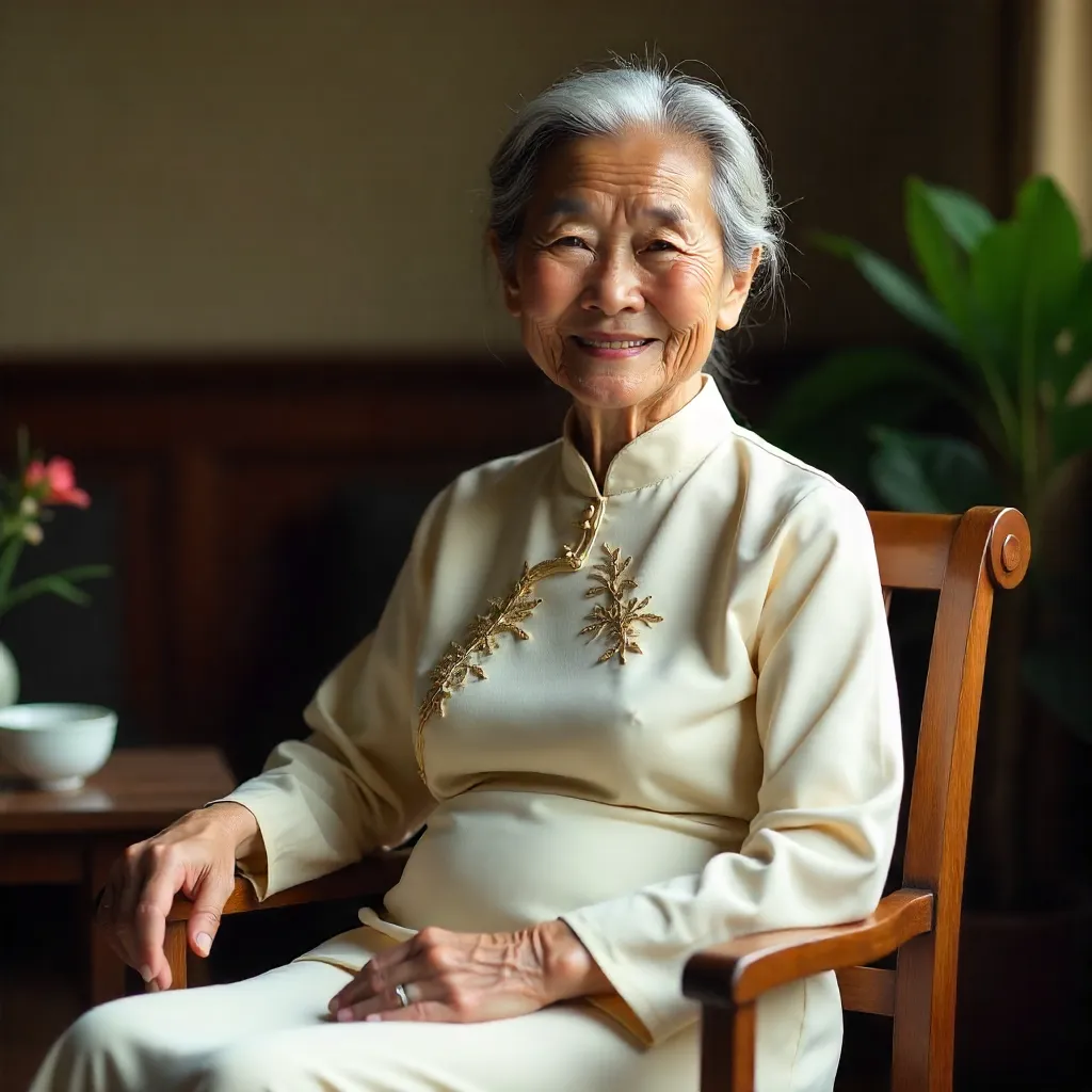 Warm Portrait of Elder Vietnamese Woman in Ao Dai
