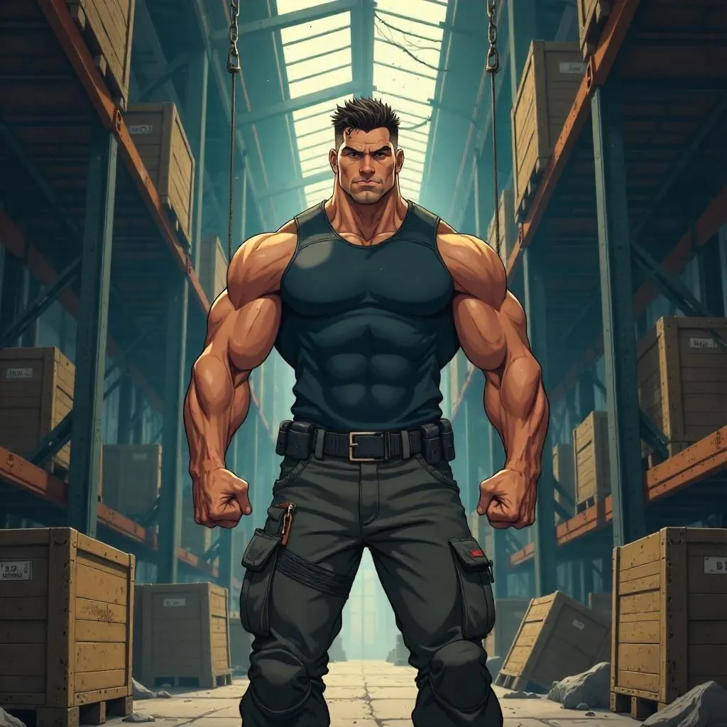 Muscular Caucasian Hero in an Industrial Warehouse