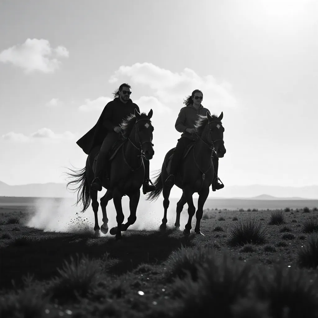 Two Riders Galloping Through Mist in Monochrome