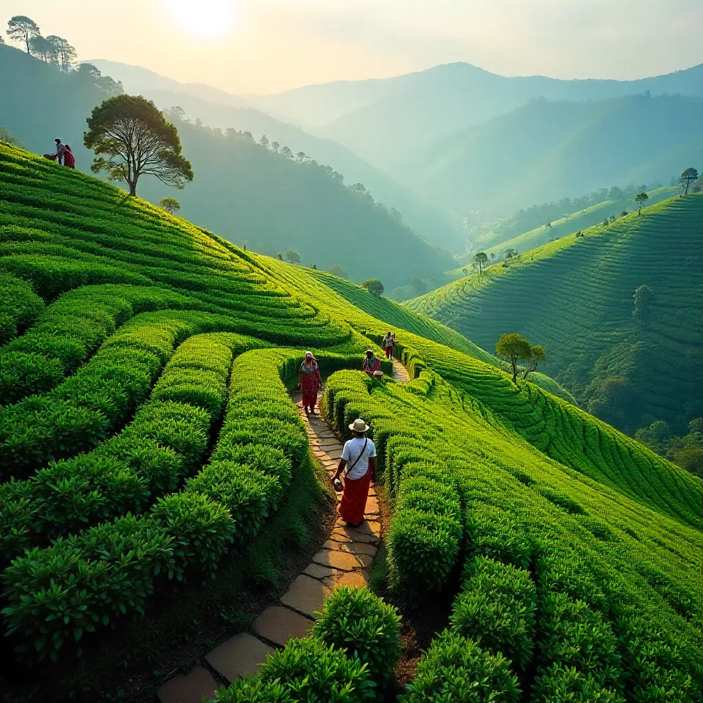 Aerial Dawn Over Munnar's Verdant Tea Terraces