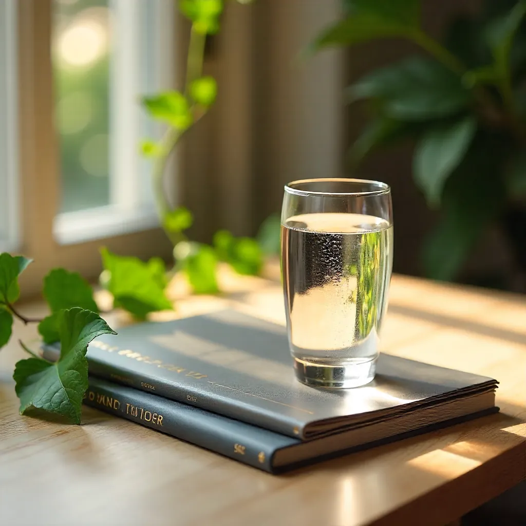 Elegant Glass and Magazine on a Sunlit Table