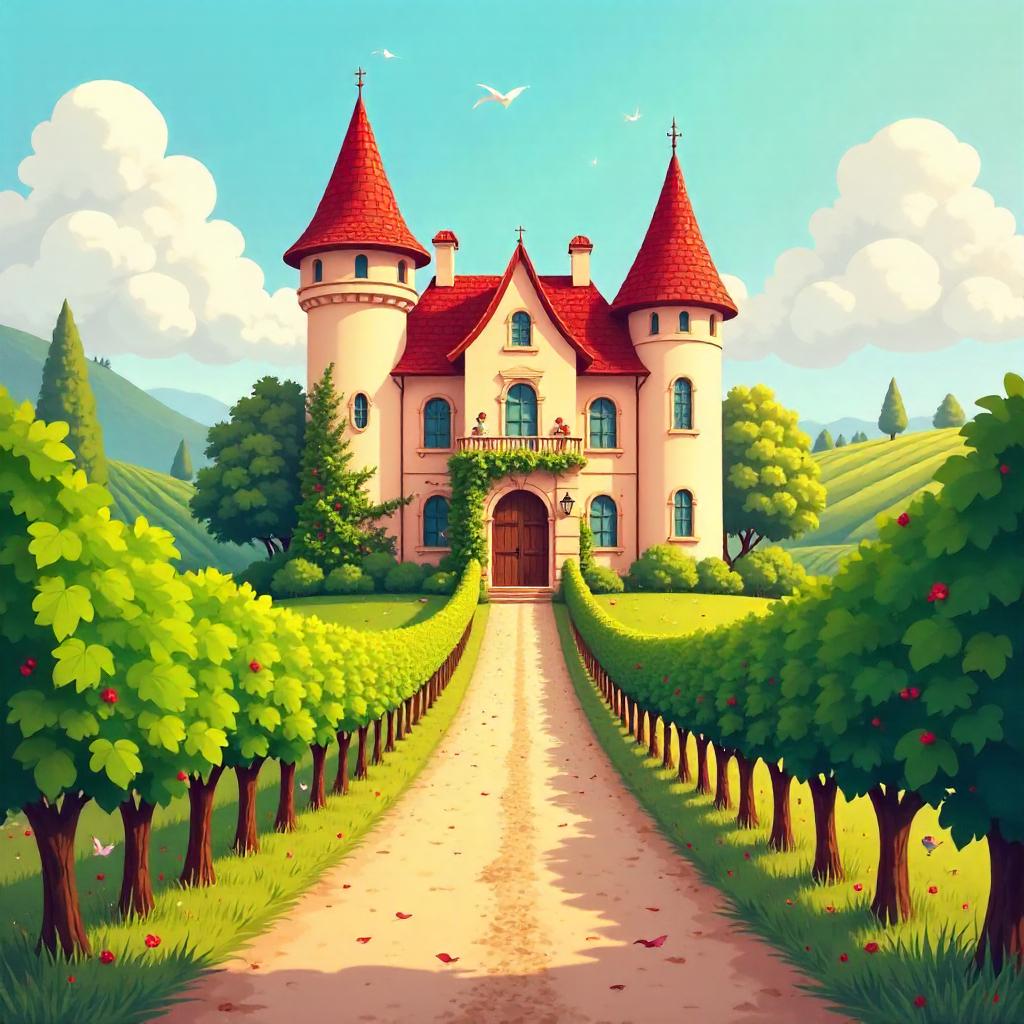 Whimsical Cartoon Mansion Among Lush Vineyards