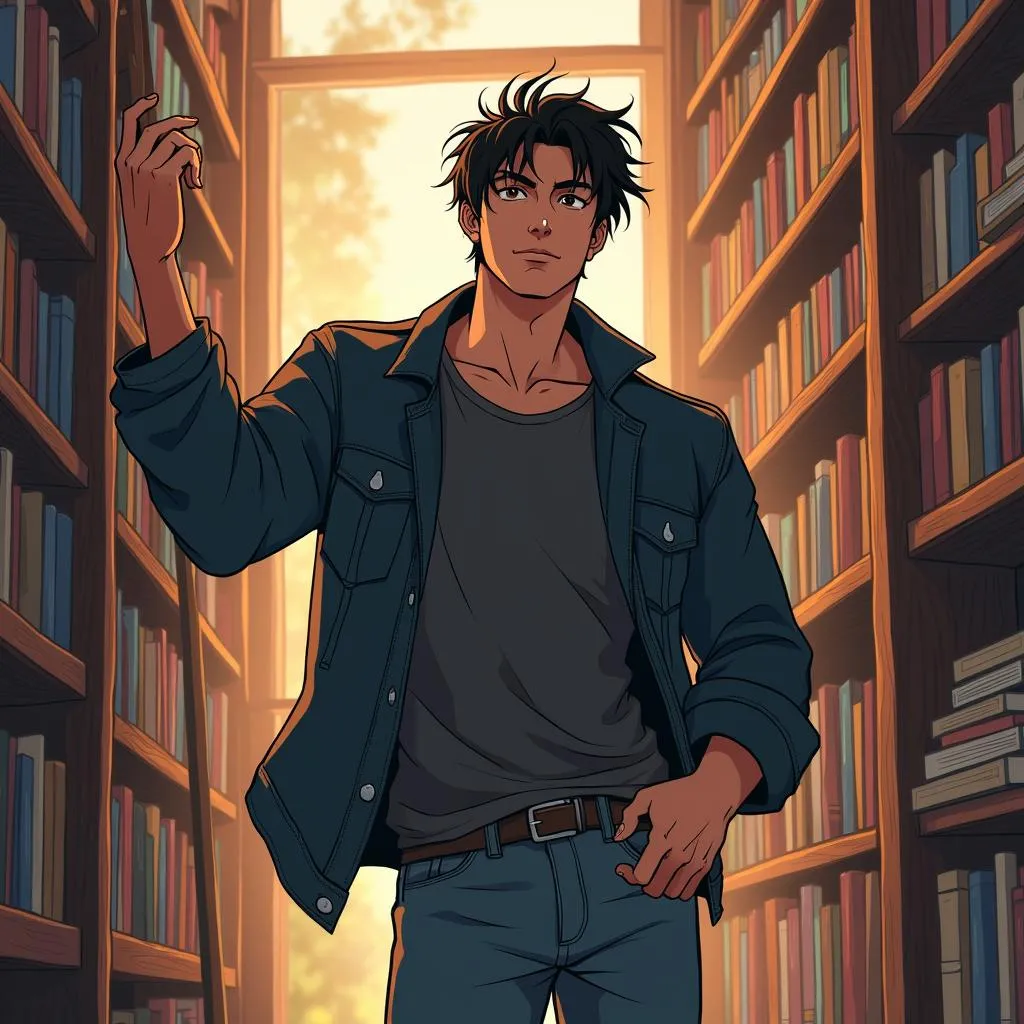 Muscular Asian Man in a Cozy Anime Bookstore
