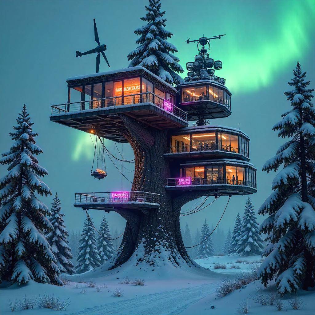Neon Tundra Treehouse: Cyberpunk Snow Oasis