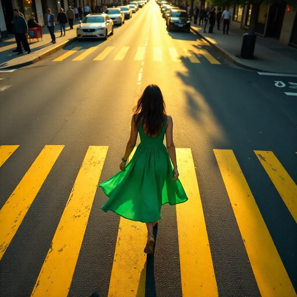 Aerial View of Green Dress on Yellow Crosswalk