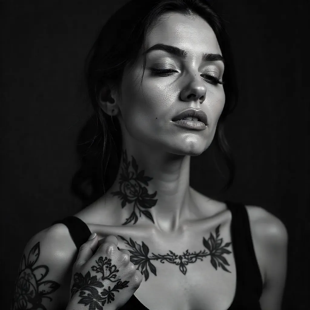 Monochrome Portrait of a Tattooed Woman with Closed Eyes