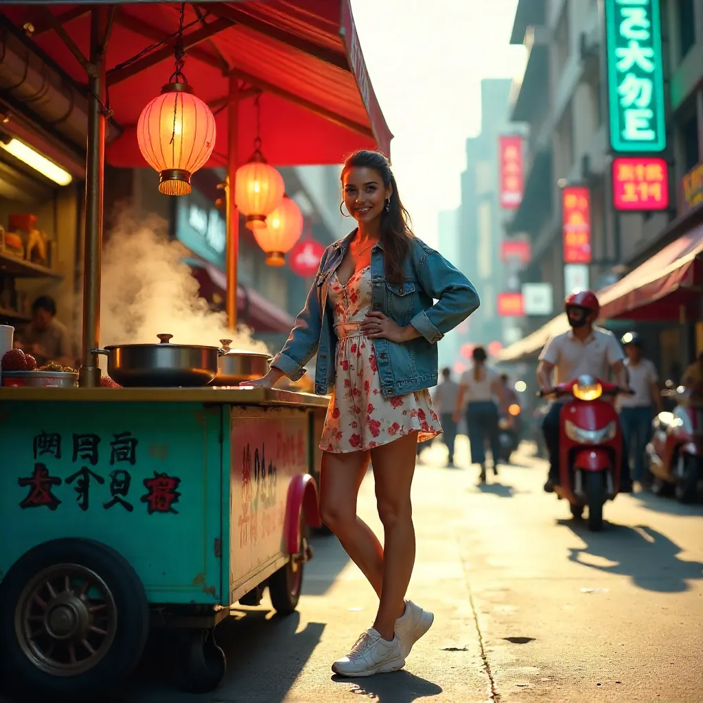 Vibrant Street Food Cart Pose in Bustling City