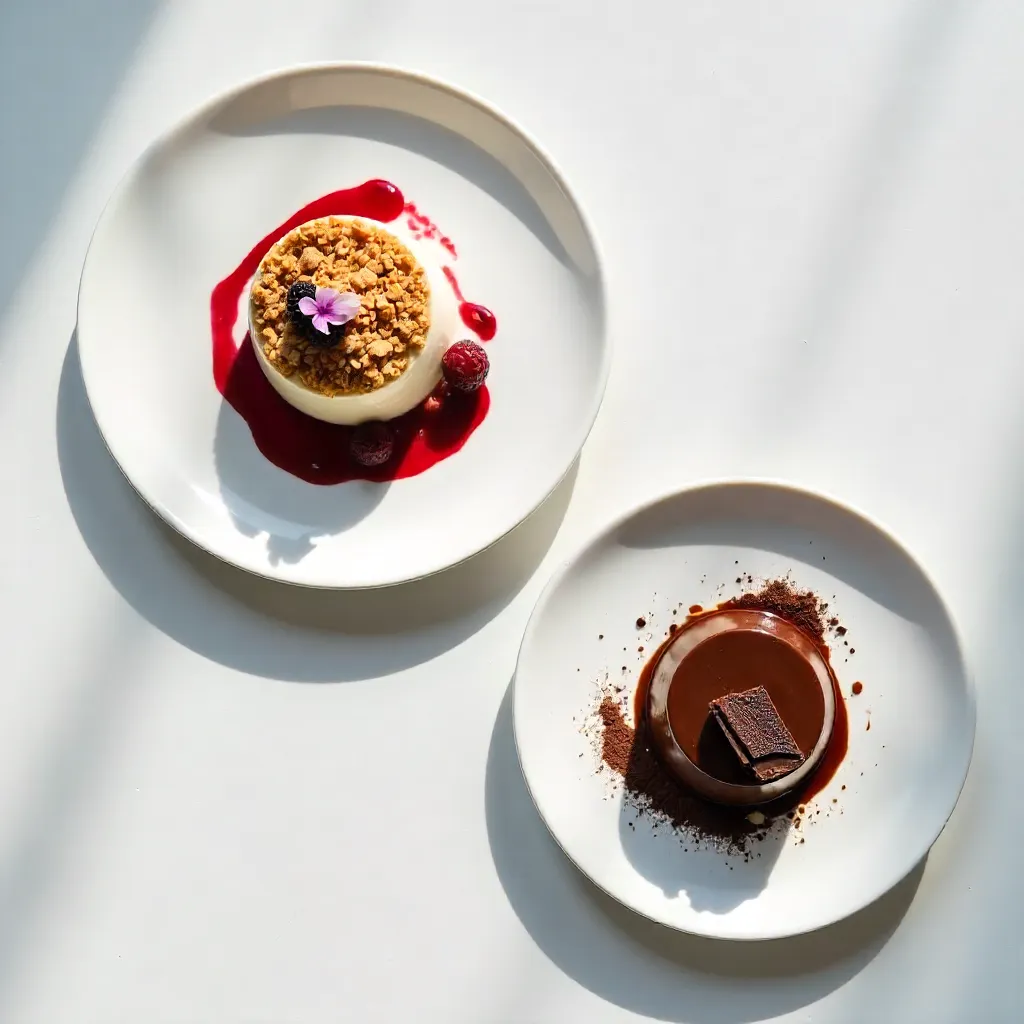 Flat lay crumble and chocolate desserts on white table