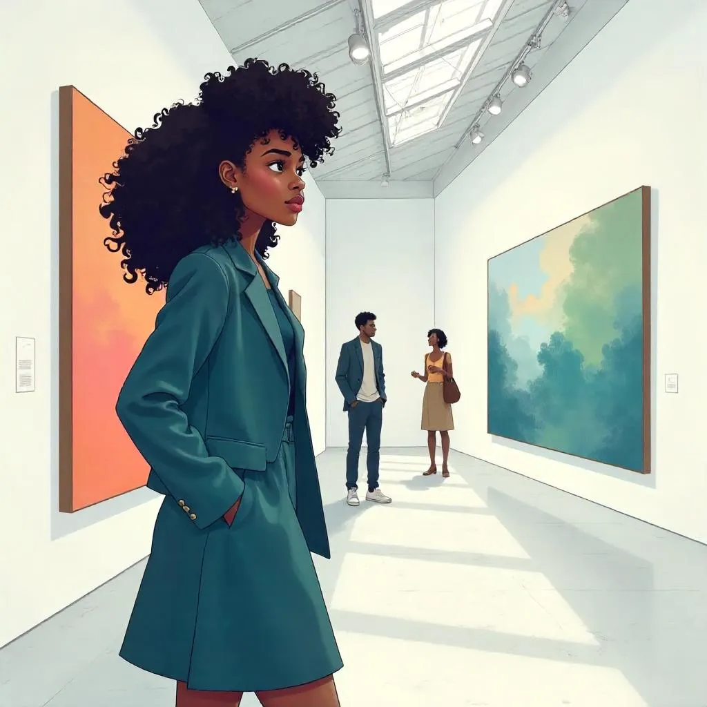 Anime-Style Black Woman in a Modern Art Gallery