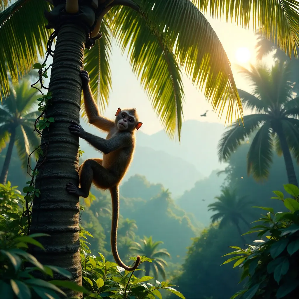 Monkey Climbing Palm Tree in Lush Brazilian Jungle