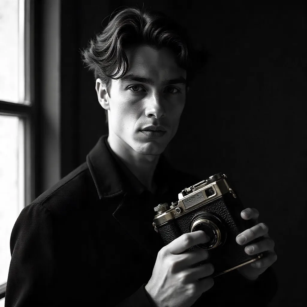 Timeless Black and White Portrait with Vintage Camera