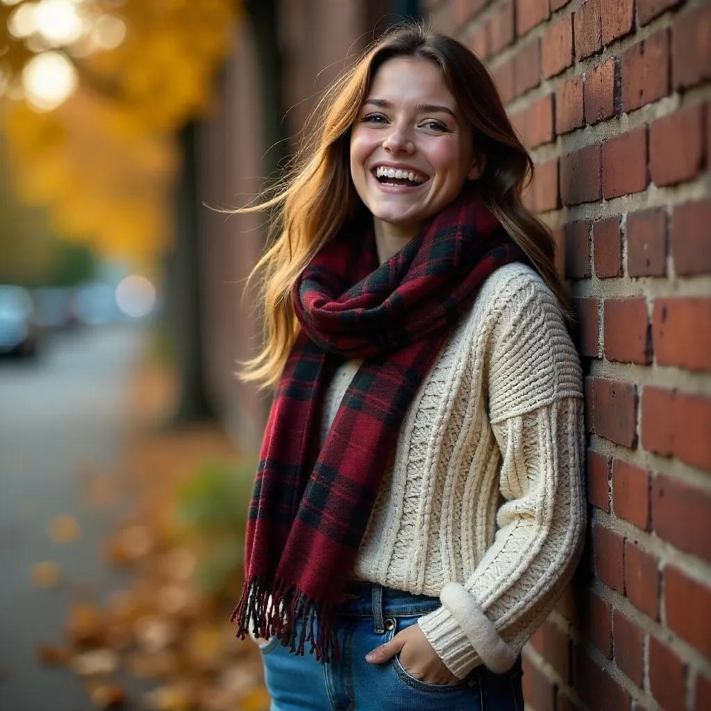 Laughing Woman in Autumn Light by Rustic Brick Wall