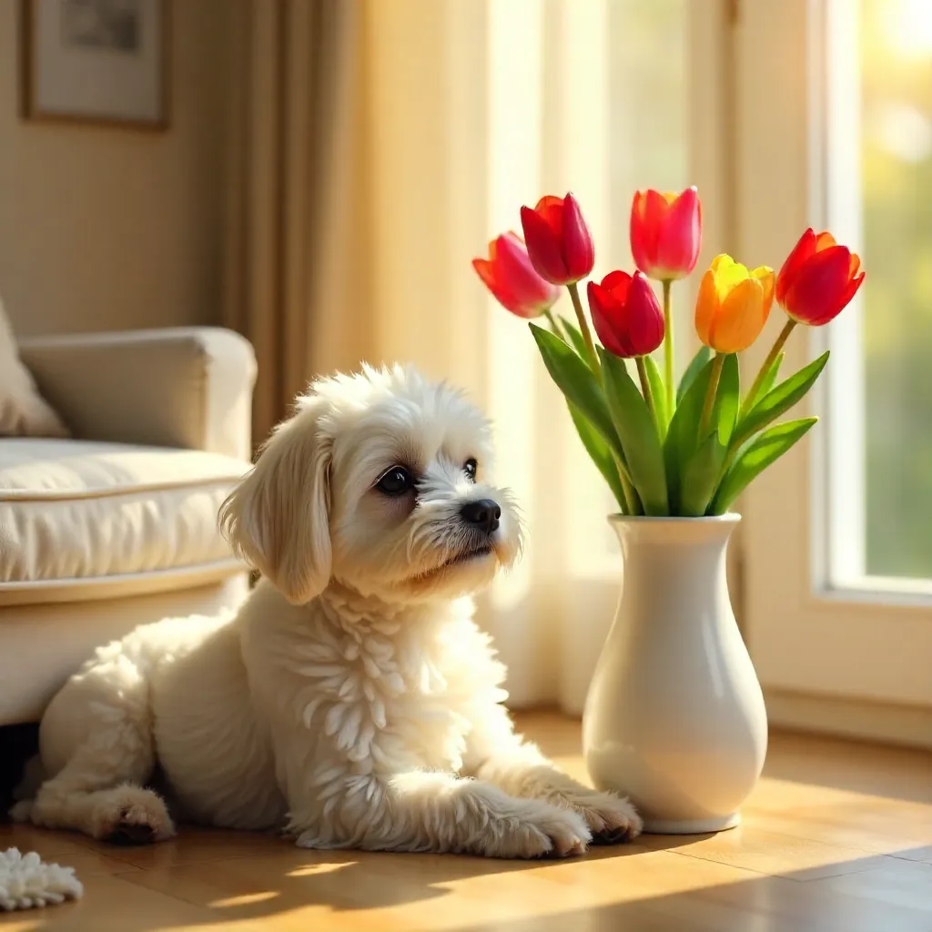 Sunlit Corner: Small Dog and Tulips
