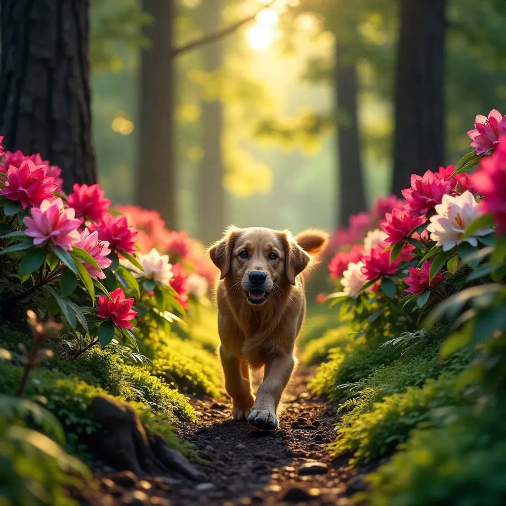 Playful Dog in a Rhododendron Forest