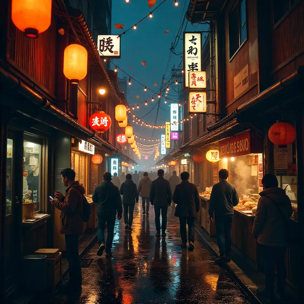 Nocturnal Tokyo Alley: Lanterns, Neon, and Autumn Leaves