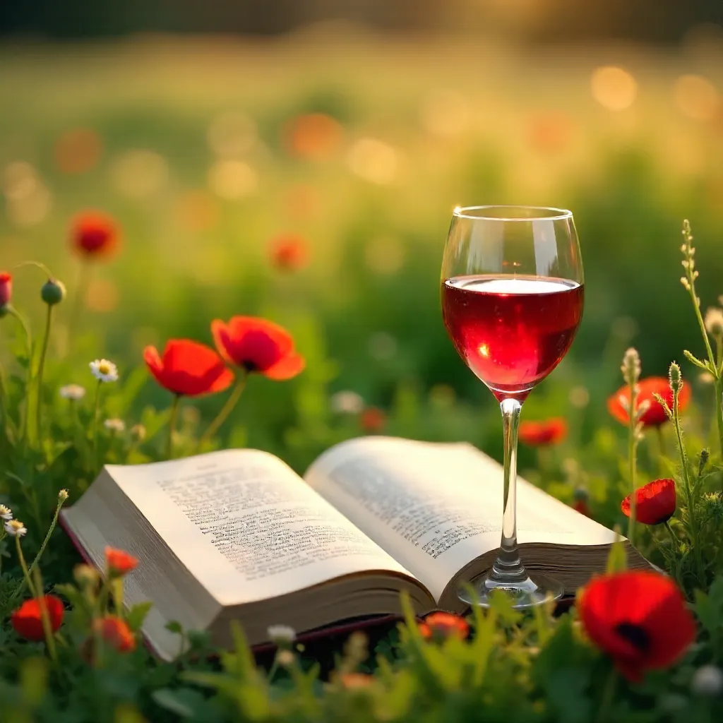 Romantic Meadow: Open Book, Wine Glass, Red Poppies