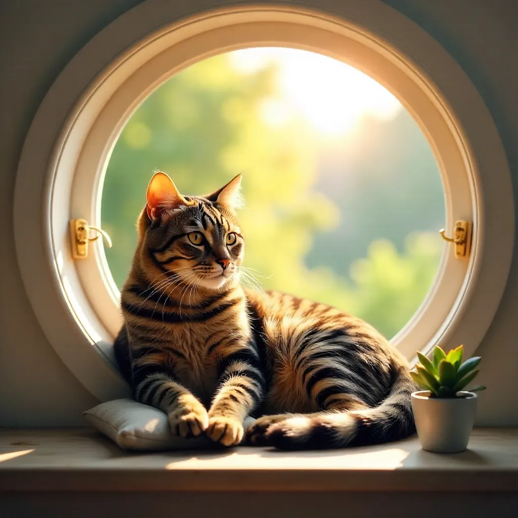 Sunlit Tabby on a Circular Window Ledge
