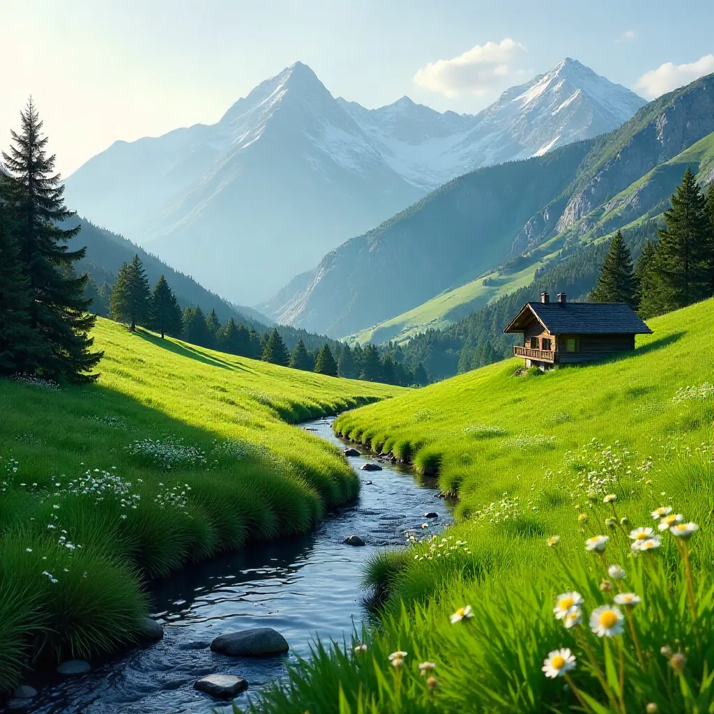 Peaceful Alpine Meadow in Misty Austrian Alps