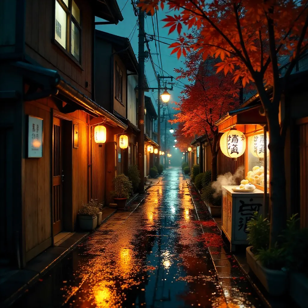 Lantern-Lit Tokyo Alley Amid Autumn Foliage