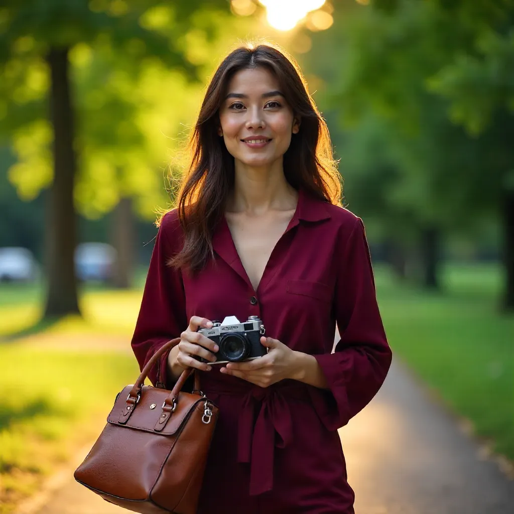 Maroon Outdoors: Woman with Camera and Leather Handbag