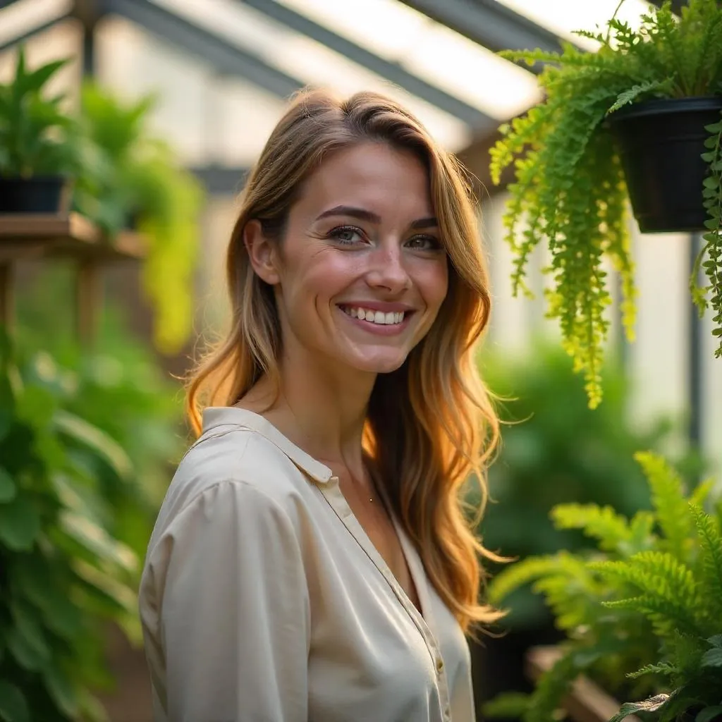 Cheerful Caucasian Woman in a Lush Greenhouse