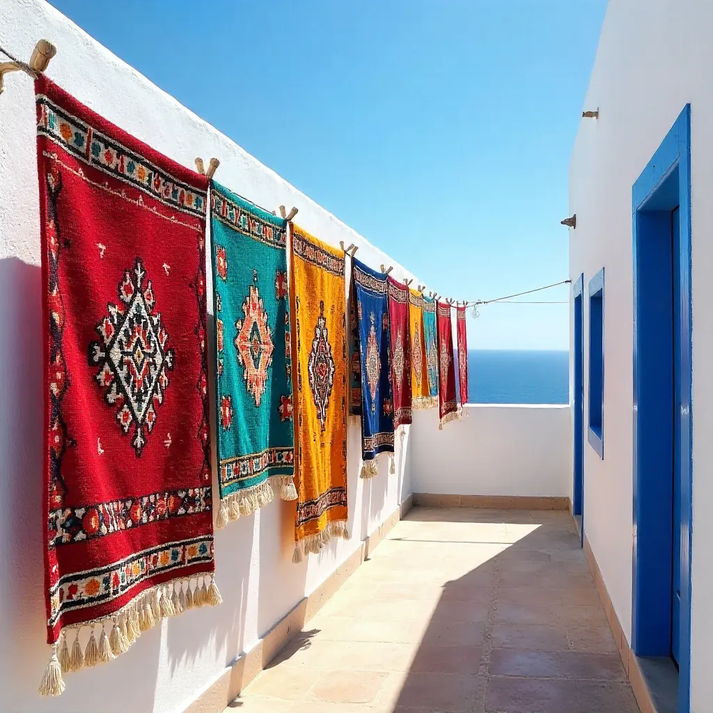 Vibrant Moroccan Carpets Drying on an Asilah Rooftop