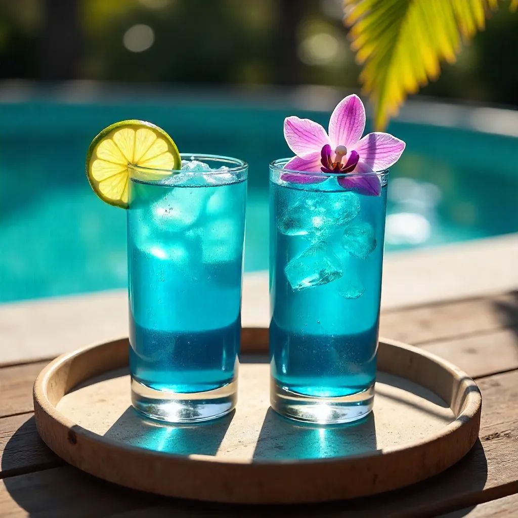 Two Blue Cocktails by a Sunlit Poolside