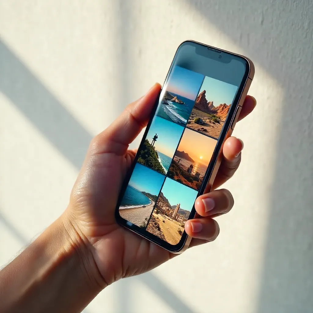 Hand Holding Smartphone Displaying Travel Photos on White Textured Background
