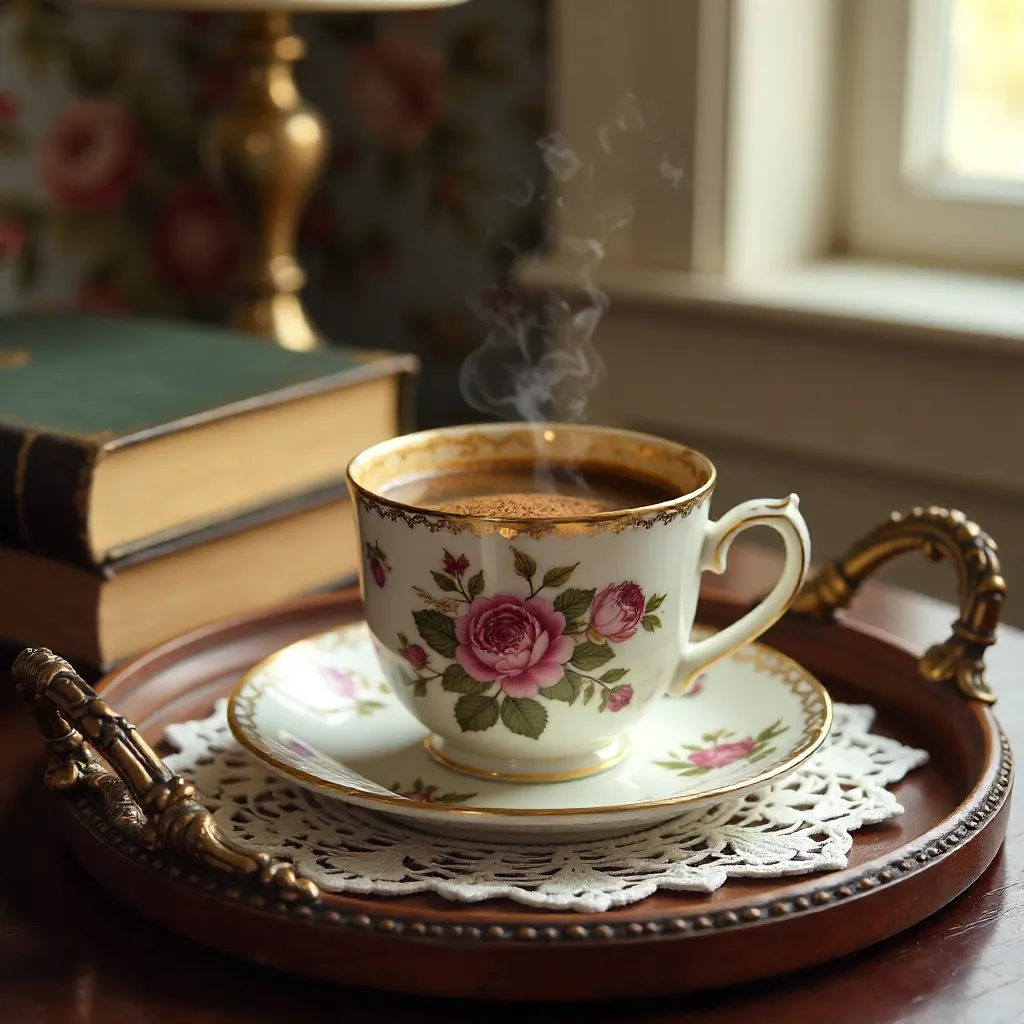 Floral Porcelain Coffee on a Vintage Tray