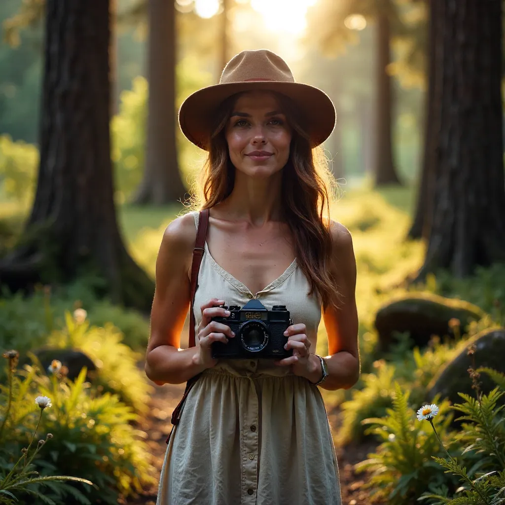 Woman with Vintage Camera in a Forest Clearing