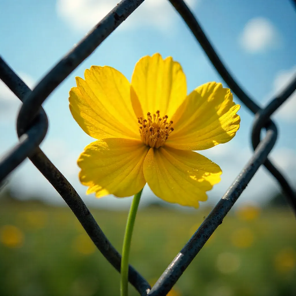 Bright Yellow Flower Blooms Through a Chain-Link Fence