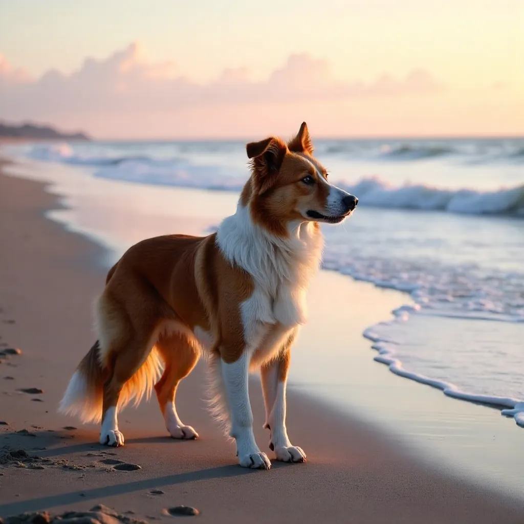Brown Border Collie on a Deserted Beach at Golden Hour