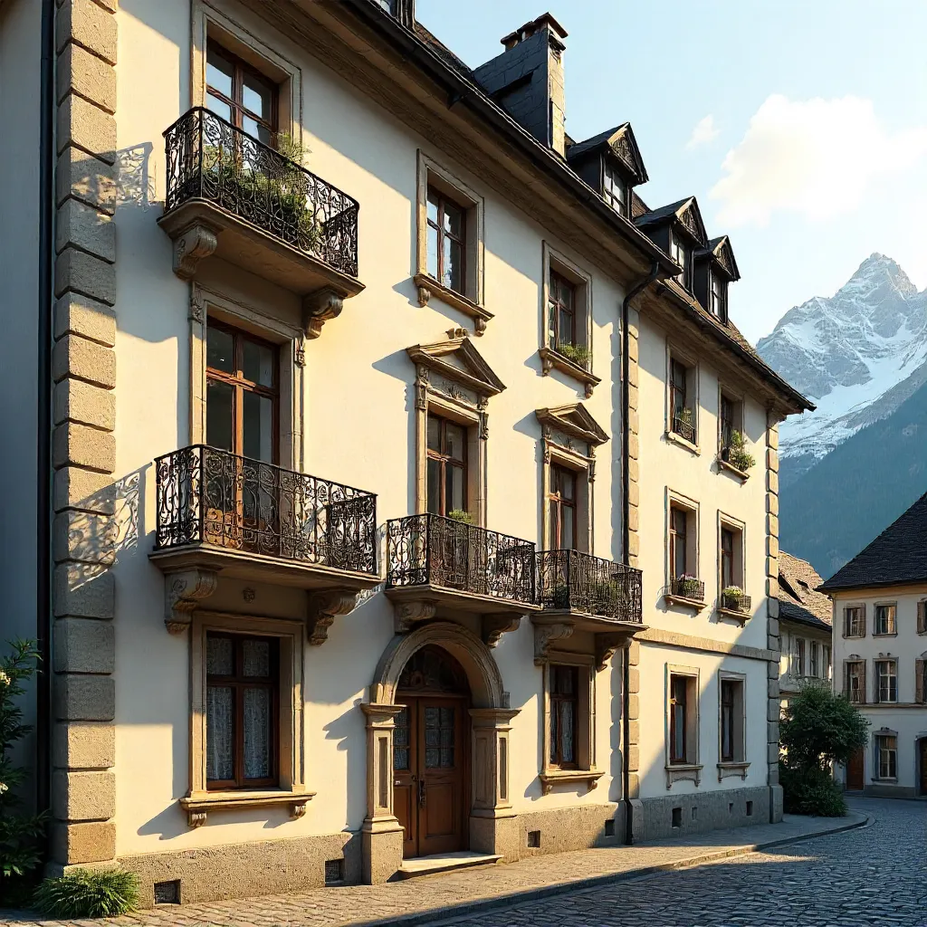 Swiss Facade: Intricate Ironwork and Classic Elegance