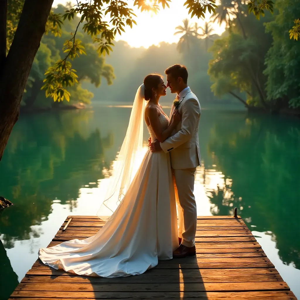 Bride and Groom Embrace on Indonesian Lakeside Dock