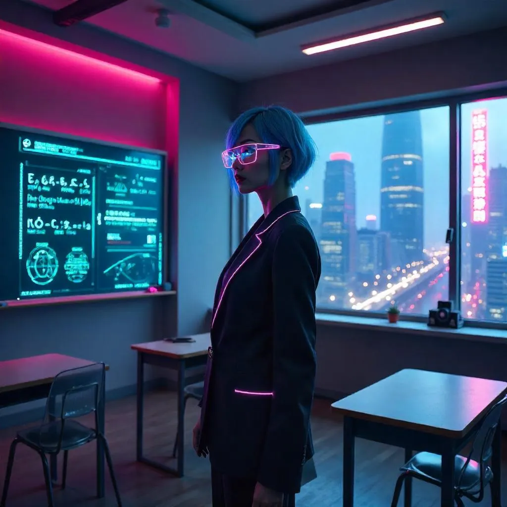 Confident Cyberpunk Tutor in Neon Classroom