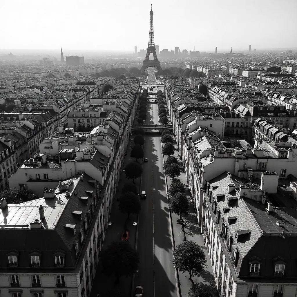 Aerial Noir Paris: Eiffel Tower and Historic Architecture