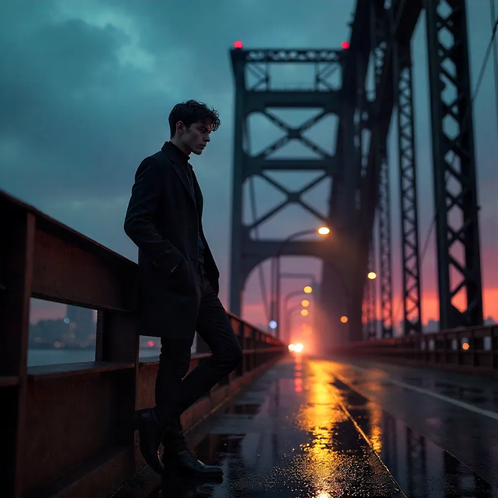 Dusk on the Steel Bridge: Young Man in Black Coat
