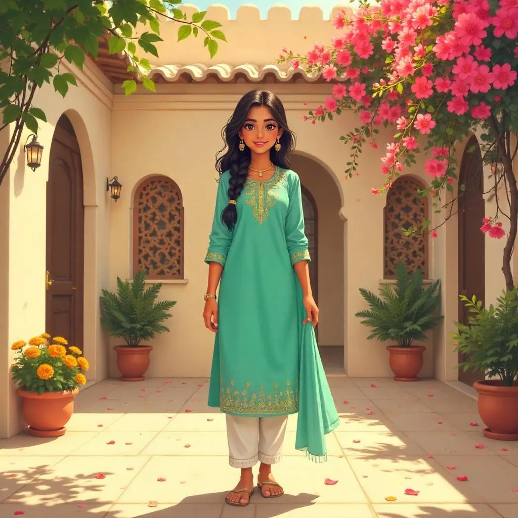 Sunlit Courtyard Anime Portrait of a Young Indian Woman