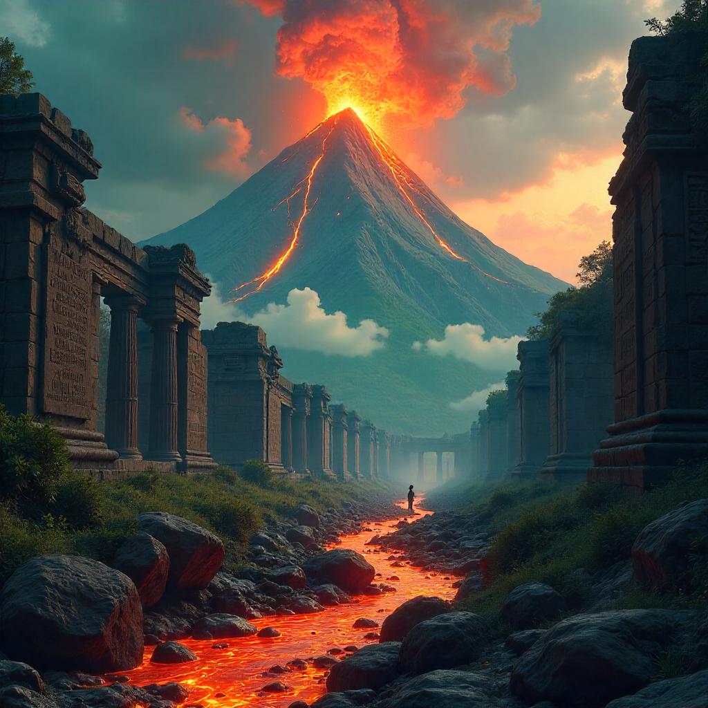 Volcano Over Ancient Ruins: A Digital Art Vision