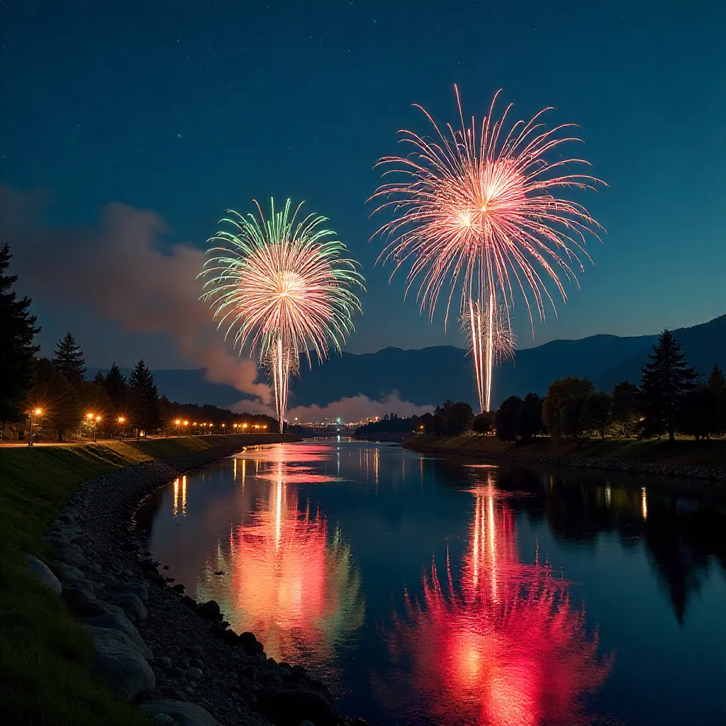 Fireworks Over Wenatchee River at Night