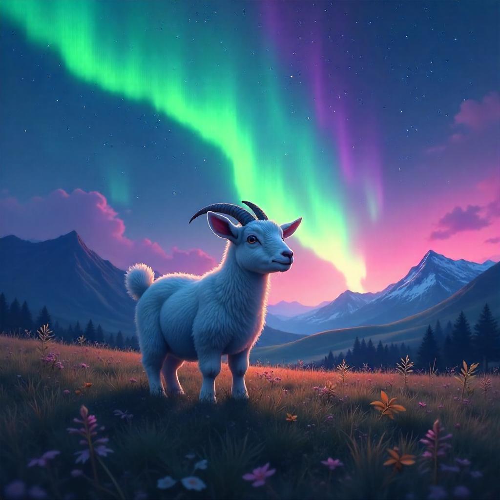 Aurora Meadow Goat in Digital Neon Fields